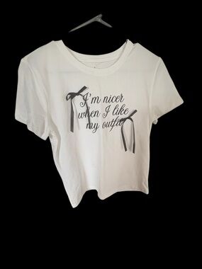 White Short-Sleeve Graphic Tee with Ribbon Detail